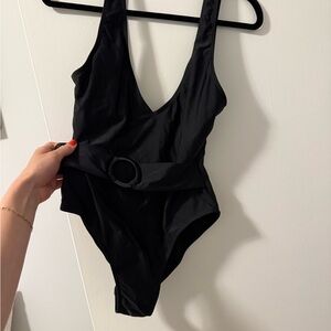 Black One-Piece Swimsuit with Belt